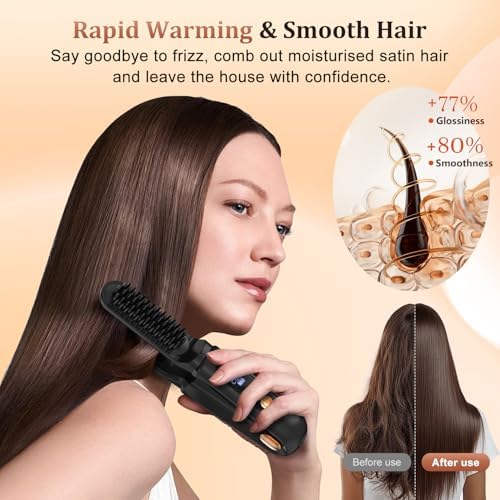 Cordless Hair Straightener Brush 3 in 1,Cordless Rechargeable Hair Straightener Comb Clip 5000mAh,Portable Travel Straightener,Mini Hot Straightening Comb for Women,Ceramic Coating,Black