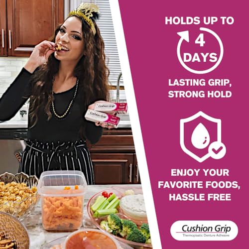 Cushion Grip Thermoplastic Denture Adhesive, 0.35 oz Travel Size | Refits and Tightens Loose Dentures On The Go | Non-Glue Adhesive, Acts Like a Soft Reliner (Pack of 5)