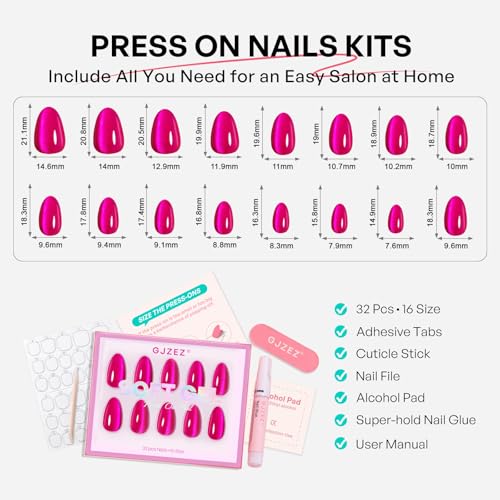 Hot Pink Press on Nails Cateye - GJZEZ Soft Gel Cat Eye Stick on Nails, Short Almond Press Ons, Bright Neon Pink Salon Grade Fake Nails | 16 Sizes - 32 pcs Reusable Summer Prom Nails, Rose Bonbon