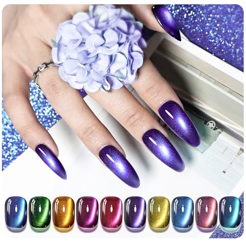 JODSONE Cat Eye Gel Nail Polish 10 Colors (with Base Coat Top Coat Magnet Stick) Glazed Amber Cat Eye Gel for Home DIY