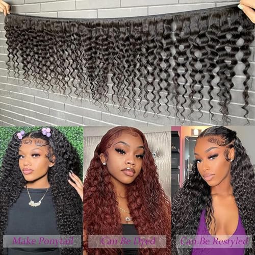 Human Hair Bundles Deep Wave 14 16 18 Inch Curly Bundle Human Hair 100% Unprocessed Brazilian Virgin Hair 3 Bundles for Women Wet and Wavy Hair Bundle Weave Extensions Natural Black