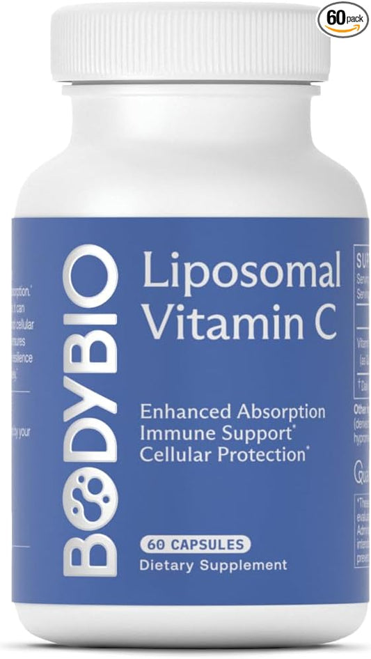 BodyBio Liposomal Vitamin C for Immune and Cell Support, Powerful Antioxidant, Pure Ascorbic Acid with Maximum Absorption - 60 Capsules