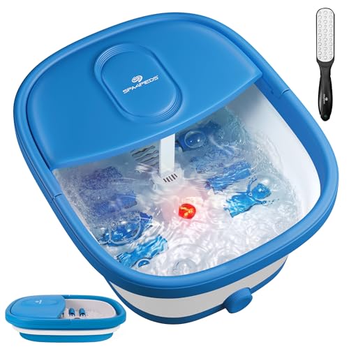 Collapsible Foot Spa Bath Massager with Heat-Maintaining, Bubbles, Red Light, 8 Shiatsu Massage Rollers, A Double-Sided Foot File for Stress Relief & Soft Feet, Space-Saving Feet Soaker, Blue