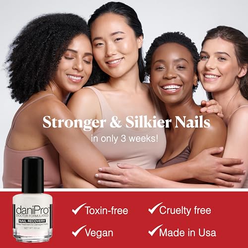 daniPro Doctor-Formulated Nail Recovery, 0.5 oz - Nail Strengthener Base Coat with Undecylenic Acid, Biotin & Vitamins - Nearly Invisible Satin Finish Base Coat - Nail Hardener For Damaged Nails