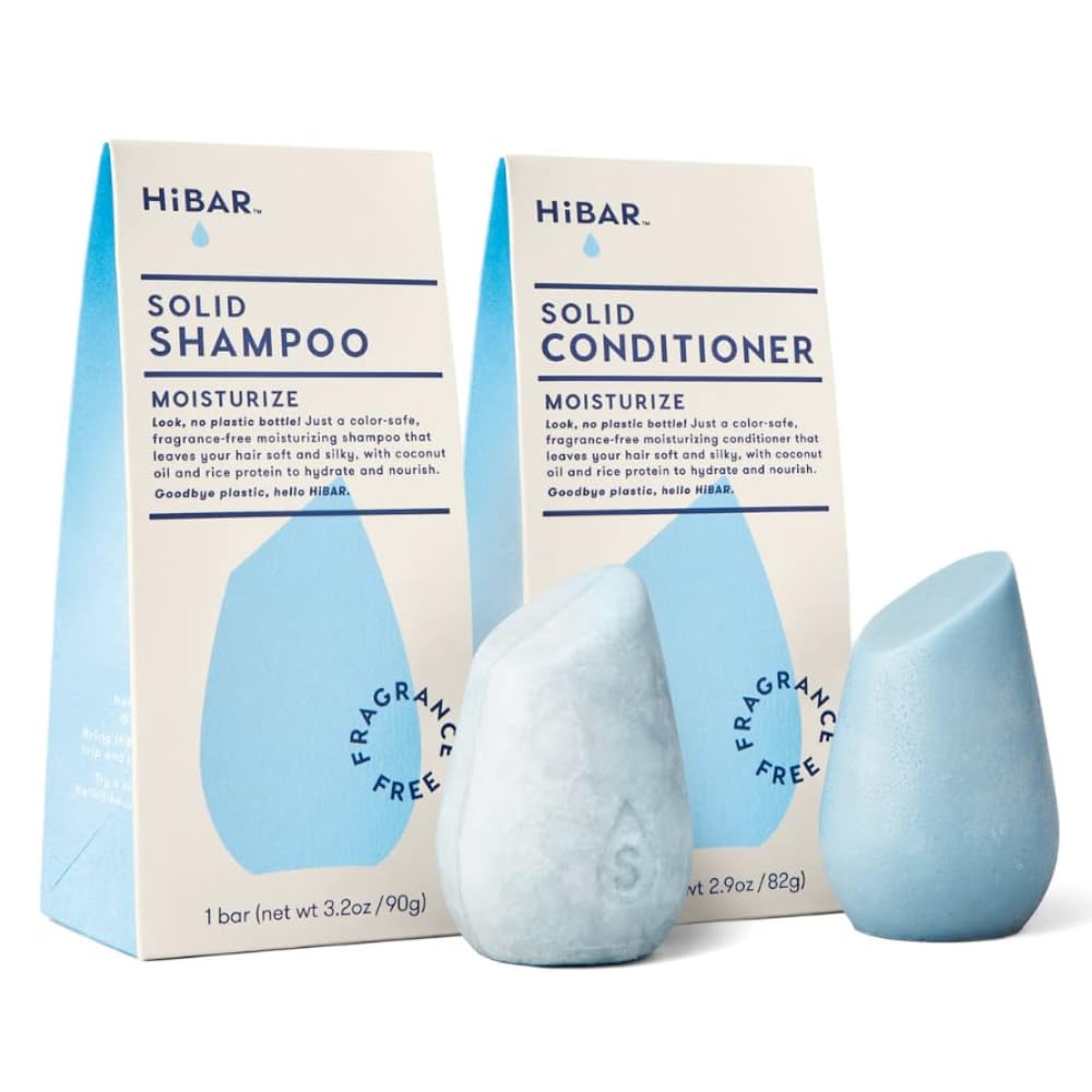 HiBAR - Moisturize Fragrance-Free Shampoo & Conditioner Set - For Dry, Frizzy Hair -Nourish & Hydrate -Coconut Oil & Vitamin B5 -Plastic, Soap, Paraben & Sulfate-Free -Color Safe & Vegan -2 Solid Bars