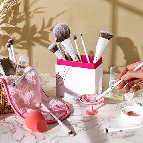 Jessup Makeup Brushes Set 14pcs Highend Makeup Gift Set for Women Include Foundation Concealer Blush Contour Powder Eye Shadow Brush, Makeup Sponge, Makeup Brush Cleaner and Towel, Pearl White T333