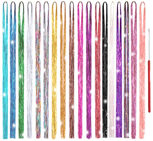 Hair Tinsel Kit 18 Colors, 3600 Strands 48 Inches Fairy Hair, Sparkling Hair Tensile for Christmas New Year Halloween Cosplay Party, Tinsel Hair Extensions with Tool