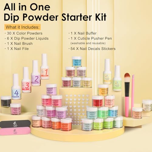 Lavender Violets 94Pcs Dip Powder Nail Kit Starter, 30 Neon Colors Red Purple Green Orange Yellow with Dipping Powder Liquid Set and Nail Art Tool for Colorful DIY Manicure B703