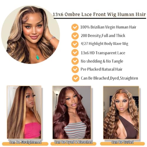Honey Blonde Ombre Lace Front Wig Human Hair Highlight Body Wave Lace Front Wigs Human Hair Pre Plucked 200 Density Glueless Wig 13X6 HD Lace Frontal Wig for Women 4/27 Colored 28 Inch