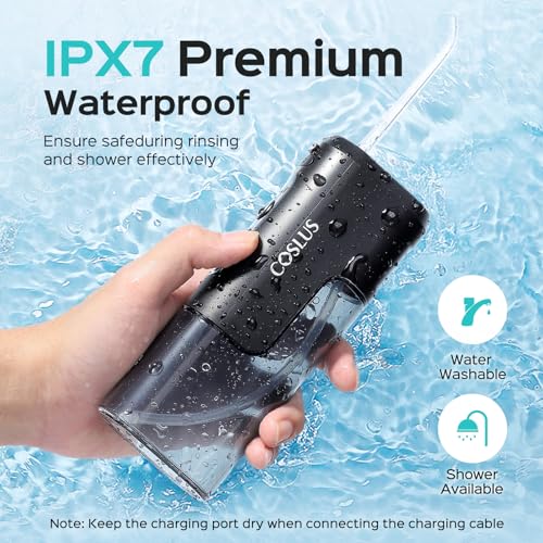 COSLUS Mini Water Flosser for Travel: Portable Compact Design, Cordless Oral Irrigator with 4 Modes, Removable Tank, IPX7 Waterproof for Braces, Orthodontic, Sensitive Teeth On-The-Go Use, Black, T40