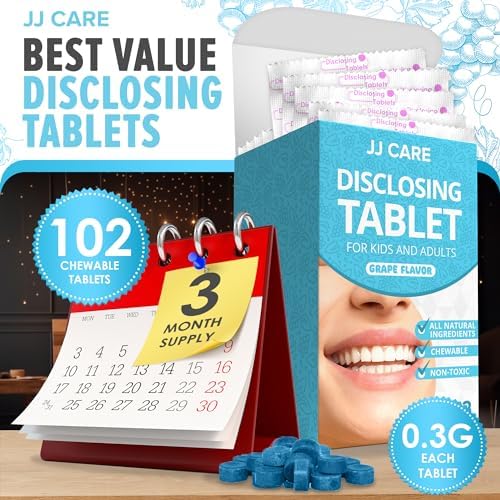JJ Care Disclosing Tablets for Teeth- 102 Count, Individually Wrapped Plaque Disclosing Tablets for Kids Brushing Teeth, Grape Flavored Plaque Remover, Dental Care for Brushing