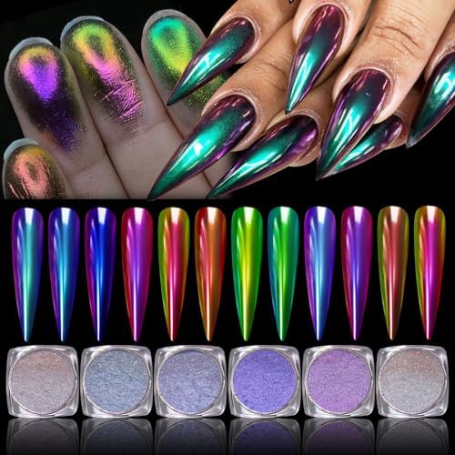 CHARMING MAY Holographic Chrome Nail Powder Sparkle Diamond Reflective Glitter Dust Metallic Nail Powder Magic Galaxy Effect for Nails Art (12Box Chameleon)
