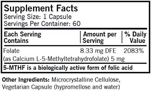 Kirkman 5-MTHF ([6S]-5-Methyltetrahydrofolate) 5 mg - Hypoallergenic | 60 Vegetarian Capsules