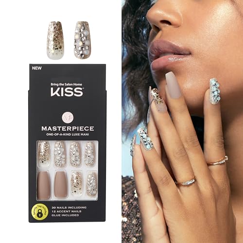 KISS Masterpiece Fake Nails One-of-a-Kind Luxe Manicure Set, 'Heirloom', 30 False Glue-On Nails including 12 Jewel Accent Nails