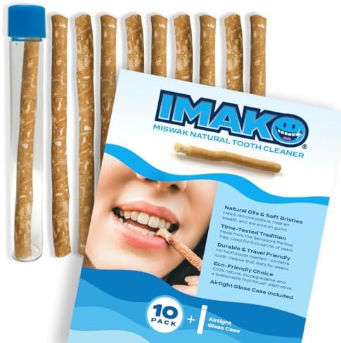 Imako Premium Miswak Toothbrush Sticks - Individually Vacuum Sealed with Travel Glass Case (10 Pack)