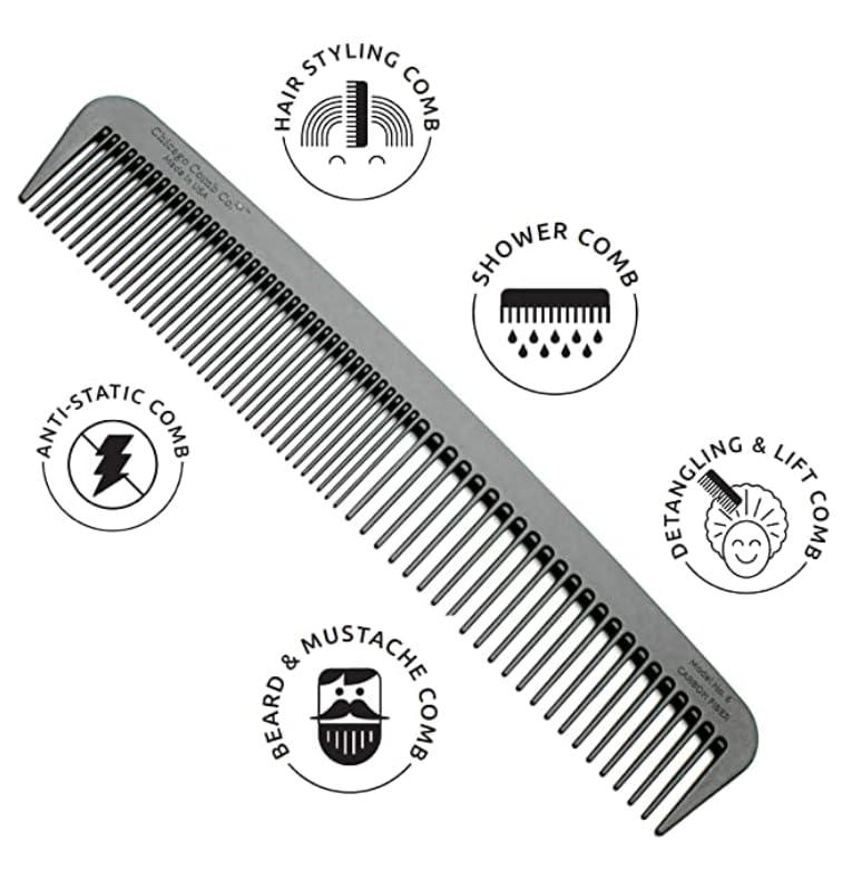 Chicago Comb Model 6 Carbon Fiber, 7 inches (17.8 cm) long, anti-static, graphite black, made in USA