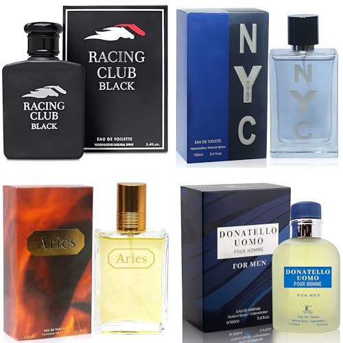 Cologne for Men Set 4 Combo Sets(Racing Club Black,Aries,Donatello Uomo,717 NYC) Eau De Parfume/Toilette Natural Spray Each 100ML Men Perfume Long Lasting Fragrance for Daily Use