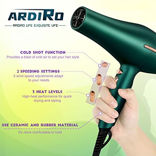 2000 Watt Negative Ionic Hair Dryer, Professional Salon Blow Dryer, Low Noise Fast Drying & Powerful AC Motor and Diffuser Comb for Men Women,3 Heat & 2 Speed Settings, Easy to Use- Green