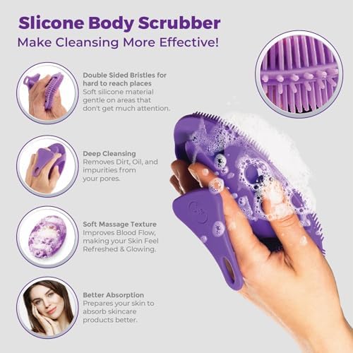 Juve Silicone Shower Scrubber- Body and Face Exfoliator for Women and Men- Exfoliating Bath Brush for Showering- Wash Away Excess Skin- Bathing Essentials Products and Accessories for Hygiene