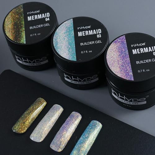 Hard Builder Gel for Nail Overlays, Extensions, and Strengthening, Mermaid #1 Chameleon with Sparkling Shimmer
