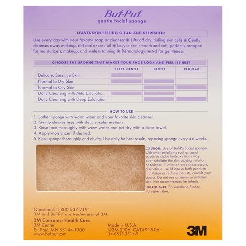 Buf-Puf Gentle Facial Sponge, Dermatologist Developed, Removes Deep Down Dirt & Makeup That Causes Breakouts and Blackheads, Reusable, Exfoliating, 3 Count
