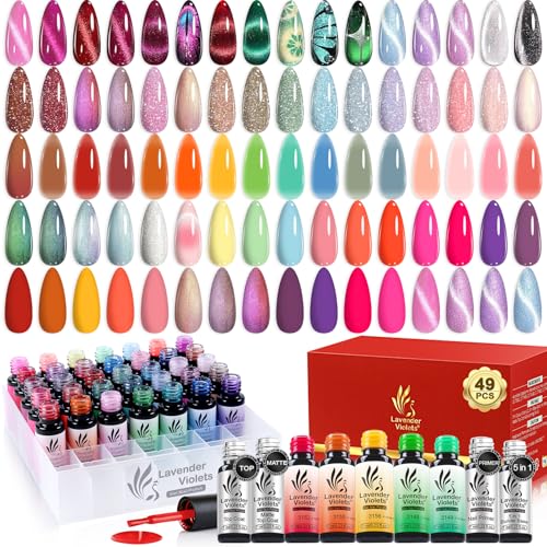Lavender Violets 49 PCS Gel Nail Polish Set, 45 Colors Cat Eye Reflective Glitter Gel Polish with Nail Primer, Base Coat, Glossy & Matte Top Coat Jelly Nude Red Brown Gifts for Women