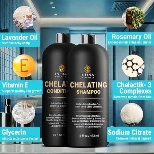 Chelating Hard Water Shampoo and Conditioner Set with Chelactik-3 & Rosemary Oil - Color Safe Metal Detox Shampoo and Conditioner for Mineral Build-Up & Swimmers Hair - 16 fl oz each
