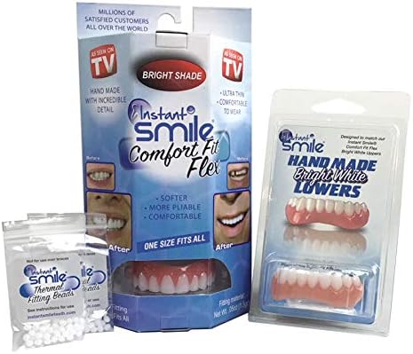 Instant Smile Comfort Fit Flex Teeth - Upper and Lower Matching Set, Bright White Shade! Fix Your Smile at Home Within Minutes!