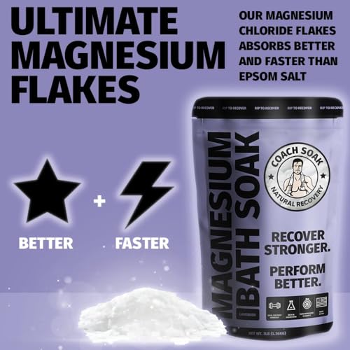 Coach Soak Recovery Bath Soak - Faster Absorption Than Epsom Salt for Pain - Rejuvenating Magnesium Flakes with 21 Minerals, Essential Oils & Bath Salts, 3lbs (Calming Lavender)