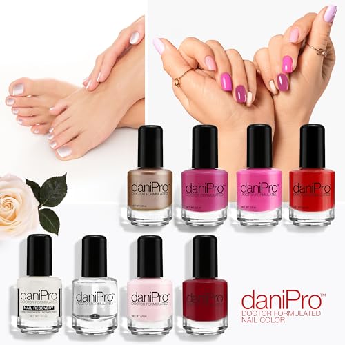 daniPro Doctor-Formulated Nail Recovery, 0.5 oz - Nail Strengthener Base Coat with Undecylenic Acid, Biotin & Vitamins - Nearly Invisible Satin Finish Base Coat - Nail Hardener For Damaged Nails