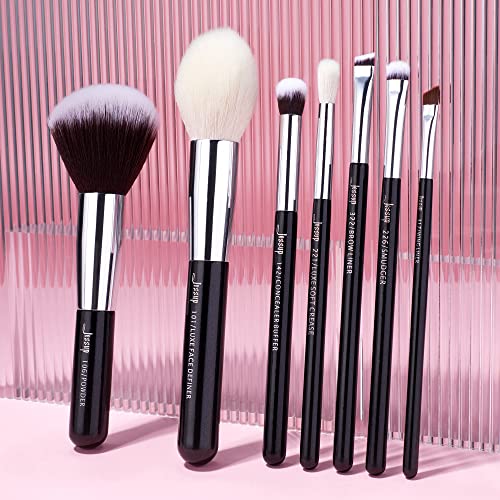 Jessup 25pcs Professional Makeup Brush Set Foundation Powder Concealer Eyeshadow Blending Blush Highlighter Natural-Synthetic Hair Brushes (Black/Silver)
