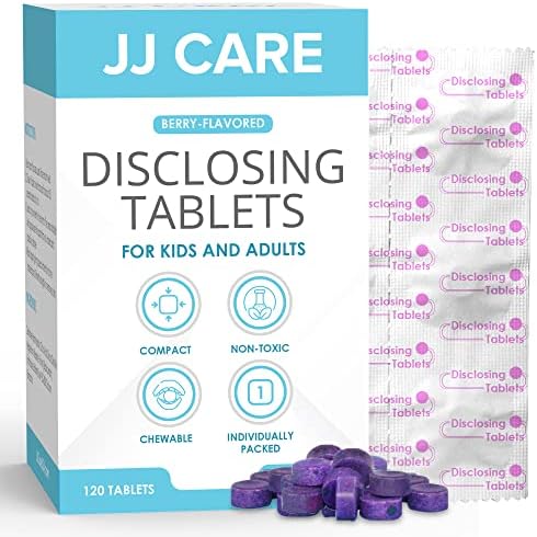 JJ Care Disclosing Tablets for Kids and Adults - 120 Count, Individually Wrapped Plaque Disclosing Tablets for Kids Brushing Teeth, Berry Flavored Plaque Remover, Dental Care for Teeth Brushing