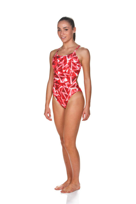 arena Women's Standard Shattered Glass Challenge Back One Piece Swimsuit, Fluorescent Red, 24