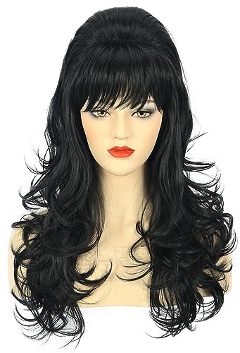 karlery Adult Women Long Wavy Black Wig Bouffant Beehive Wig 60s 70s Themed Party Costume Wig