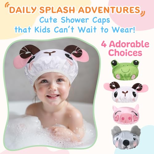 kilofly 4pc Fun Cute Animal Shower Caps for Kids Reusable Waterproof Bath Hat Set