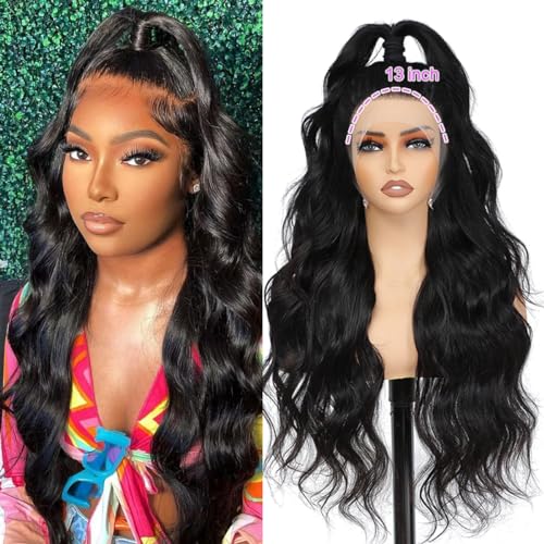 CITY GIRL Body Wave Lace Front Wigs Human Hair Pre Plucked 26 Inch 13x4 hd Transparent Lace Frontal Body Wave Human Hair Wig for Women 200 Density Natural Black