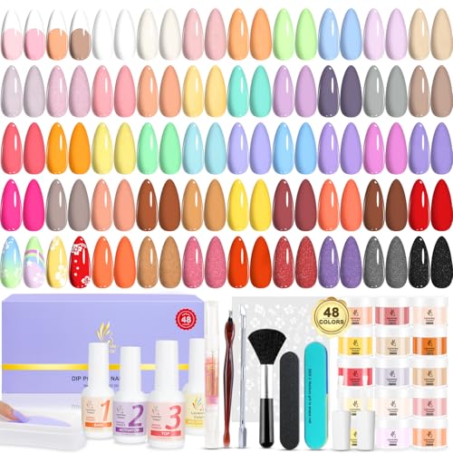 Lavender Violets 62 Pcs Dip Powder Nail Kit Starter, 48 Colors Nude Pink Brown Red Green Blue Purple Glitter with Dip Powder Liquid Set and Essential Manicure Tools for Nail Art Designs G902