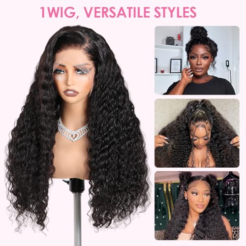 Hidden Strap Water Wave 360 Glueless Wigs Human Hair Pre Plucked Pre Bleached Human Hair Wig With Drawstring 180 Density Wet and Wavy HD Full Lace Front Wigs Human Hair 26 inch