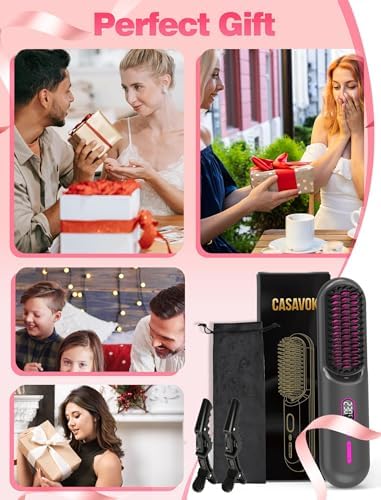 Cordless Hair Straightener Brush for Travel,Mini Hair Straightener Comb with Negative Ion,Portable hot Brush Hair Straightener for Women, Rechargeable 9600mAh Battery, Anti-Scald,12 Temp-Setting