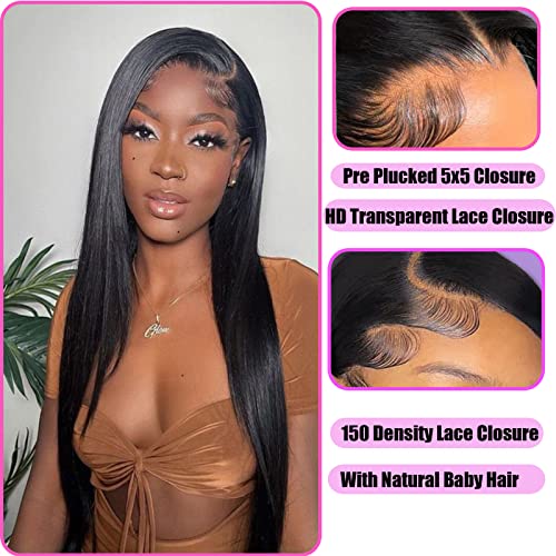 Hd Closure 5x5 Straight Closure 5x5 Transparent Lace Closure 12A Virgin Remy Human Hair Frontal Closure Pre Plucked With Baby Hair Natural Black Color(14inch)