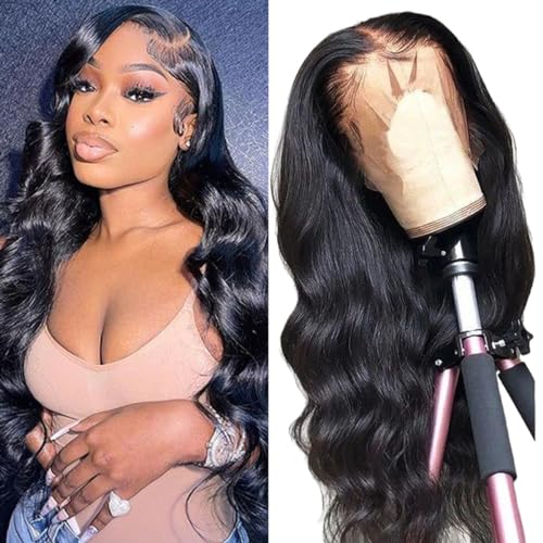 CITY GIRL Body Wave Lace Front Wigs Human Hair Pre Plucked 26 Inch 13x4 hd Transparent Lace Frontal Body Wave Human Hair Wig for Women 200 Density Natural Black
