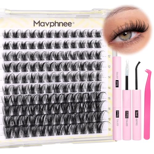 Cluster Eyelash Extensions Kit Natural Lash Clusters Kit Fairy Eyelash Clusters D-Curly Cluster Lashes Individuals 10-18MM DIY Lash Extensions Kit with Bond and Seal Lash Glue and Tweezers by Mavphnee
