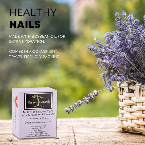 Karma Organic Natural Nail Polish Remover Wipes with Soybean and Lavender Oil, 100% Soy Based, Non-Toxic, Vegan, Cruelty-Free – Pack of 10