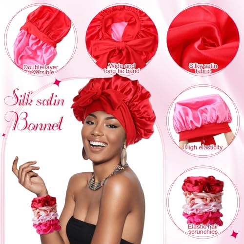 JaGely 4 Pcs Satin Bonnet for Sleeping Women Double Layer Tie Hair Bonnet Large 2 Layered Silk Sleeping Cap with 8 Pcs Hair Scrunchies(Pink Color)