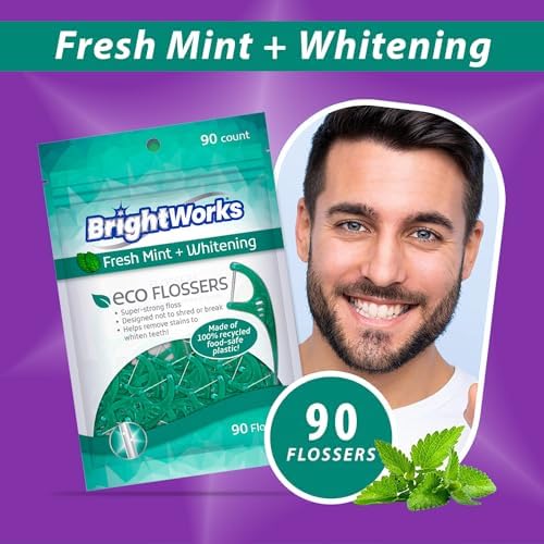 Brightworks ECO Sustainable Floss Picks - 270 Count - PFAS Free - Made in USA100% Post-Consumer Recycled Plastic, Super Strong Mint-Flavored Floss with Micro-Crystals