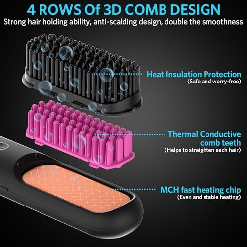 Cordless Hair Straightener Brush – Portable Ionic Hot Comb with 65W Fast Charger, Mini Travel Hair Straightening Brush for Women, Lightweight for On-The-Go Styling (Black)