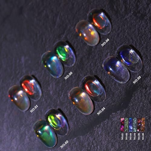 Ice Transparent Aurora Nail Powder Neon Rainbow Holographic Chameleon Powder Multi Chrome Iridescent Pigment Pearlescent Nail Art Glitters (6 Boxes Transparent)