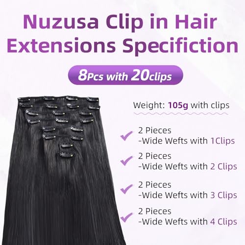 Clip in Hair Extensions Real Human Hair,100% Brazilian Remy Human Hair Extensions for Women,1B Natural Black 8pcs Per Set with Double Weft,20inch 105g,Straight