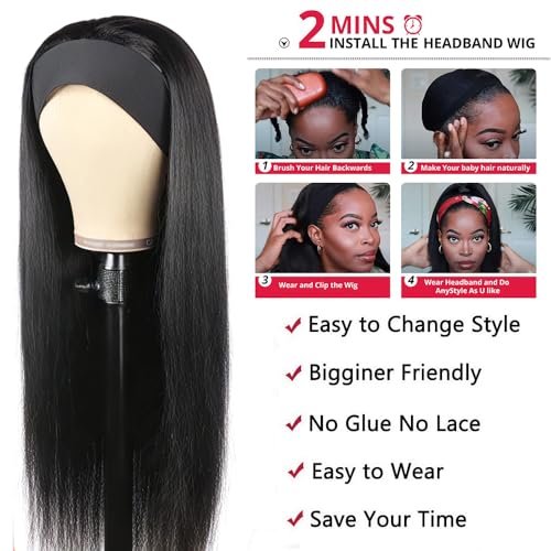 Headband Wig Human Hair Straight 18 Inch Headband Wigs for Black Women Glueless None Lace Front Wig Brazilian Virgin Human Hair Wigs Natural Color 150% Density