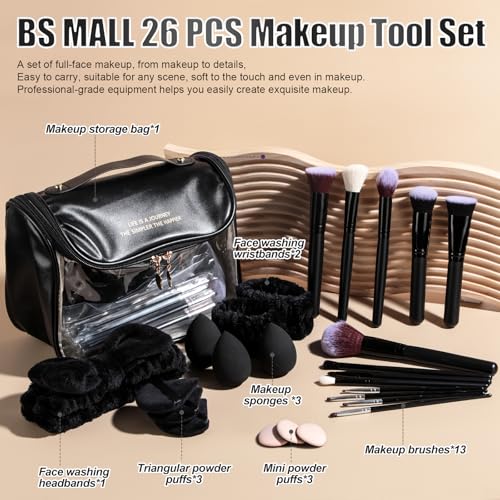 BS-MALL Makeup Brush Set with Waterproof Travel Bag & Makeup sponges -26 Pcs Set Triangle Puff & Face Washing Puffs,Face Wash Headband Wristband for Travel Go Camping Gift & Makeup Beginners